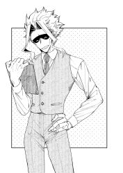 Rule 34 | 1boy, ^ ^, biru (k22 t20), boku no hero academia, closed eyes, collared shirt, commentary request, closed eyes, greyscale, grin, highres, holding, long sleeves, male focus, monochrome, necktie, pants, shirt, short hair, short hair with long locks, simple background, smile, solo, standing, teeth, vest, white background, yagi toshinori