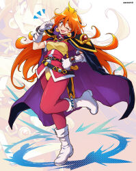 1990s_(style) 1girl aosora2823 armor bandeau black_cape black_headband boots cape full_body headband highres lina_inverse looking_at_viewer notice_lines one_eye_closed open_mouth orange_hair purple_shirt red_eyes retro_artstyle shirt shoulder_armor slayers smile solo standing standing_on_one_leg white_footwear yellow_bandeau zoom_layer