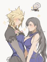 Rule 34 | 1boy, 2girls, alternate costume, backless dress, backless outfit, bare shoulders, black hair, blonde hair, blue dress, blue eyes, blush, bow, breast press, breasts, cleavage, cloud strife, cloud strife (blue dress), commentary, couple, crescent, crescent earrings, crescent moon, crossdressing, dress, duoj ji, earrings, english commentary, eye contact, final fantasy, final fantasy vii, final fantasy vii remake, from side, gold earrings, grey hair, hair bow, height difference, highres, holding, jewelry, large breasts, long hair, looking at another, low twintails, marle (ff7r), matching outfits, moon, multiple girls, neck ribbon, official alternate costume, old, old woman, pink bow, red eyes, ribbon, simple background, sleeveless, sleeveless dress, smile, sparkle, spiked hair, tifa lockhart, tifa lockhart (refined dress), twintails, twitter username, upper body, wall market