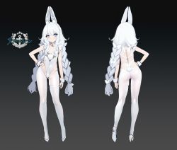 Rule 34 | + +, 1girl, absurdres, ahoge, animal ear fluff, animal ears, ass, azur lane, black background, blue eyes, bow, braid, breasts, cameltoe, character sheet, choker, closed mouth, commentary request, copyright name, covered navel, crotchless, expressionless, fake animal ears, fake tail, flat chest, from behind, full body, gluteal fold, gradient background, grey background, groin, hair bow, hairband, hand on own hip, high heels, highleg, highleg leotard, highres, kincora, le malin (azur lane), le malin (listless lapin) (azur lane), legs, leotard, logo, long hair, looking at viewer, low twin braids, multiple views, o-ring, o-ring choker, official alternate costume, official art, pantyhose, rabbit ears, rabbit tail, shoes, sidelocks, simple background, small breasts, standing, symbol-shaped pupils, tail, thigh strap, thighs, turnaround, twin braids, very long hair, white footwear, white hair, white leotard, white pantyhose, white theme, wrist cuffs