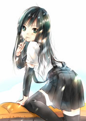 Rule 34 | 10s, 1girl, aqua eyes, arm warmers, asashio (kancolle), ass, back, bad id, bad pixiv id, black hair, black thighhighs, blue eyes, dress shirt, finger to mouth, gradient background, kantai collection, keionism, long hair, looking at viewer, school uniform, shirt, skirt, solo, suspenders, thighhighs