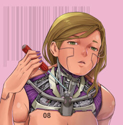 Rule 34 | 1girl, art.banani, barcode, blonde hair, cyborg, facial mark, highres, holding, holding screwdriver, mechanical hands, mechanical parts, medium hair, original, parted lips, pink background, purple nails, screwdriver, solo