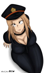 Rule 34 | 1girl, absurdres, artist name, black bodysuit, bodysuit, boku no hero academia, breasts, brown eyes, brown hair, cleavage, curvy, from above, hat, highres, large breasts, looking at viewer, looking up, lord lince, medium hair, sitting, smile, solo, thick thighs, thighs, utsushimi kemii, white background, wide hips