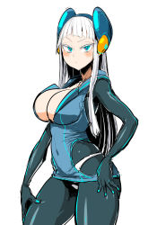 Rule 34 | 1girl, blue dress, blue eyes, blush, bodysuit, breasts, cleavage, closed mouth, collarbone, commentary request, covered navel, dress, electro emilia, hand on own hip, headgear, highleg, highleg panties, ken (koala), large breasts, long hair, looking at viewer, neon trim, original, pale skin, panties, pantyhose, shiny clothes, short dress, skin tight, solo, underwear, white background, white hair, white panties