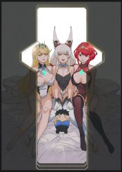 Rule 34 | 3girls, adapted costume, animal ears, bed, blonde hair, breasts, cat ears, character doll, chest jewel, cleavage cutout, clothing cutout, core crystal (xenoblade), ear covers, facial mark, grey hair, highres, holding, holding weapon, kayano yuki, large breasts, leotard, looking at viewer, low twintails, medium breasts, multiple girls, mythra (massive melee) (xenoblade), mythra (xenoblade), nia (blade) (xenoblade), nia (xenoblade), nipple slip, nipples, one-piece swimsuit, pyra (pro swimmer) (xenoblade), pyra (xenoblade), red eyes, red hair, rex (xenoblade), sitting, smile, swimsuit, thighhighs, tiara, twintails, weapon, whisker markings, xenoblade chronicles (series), xenoblade chronicles 2, yellow eyes