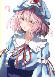 Rule 34 | 1girl, absurdres, blue hat, closed mouth, hat, highres, long sleeves, looking at viewer, mob cap, pink eyes, pink hair, saigyouji yuyuko, shiranui (wasuresateraito), short hair, simple background, solo, touhou, triangular headpiece, upper body, white background