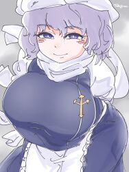 Rule 34 | 1girl, apron, breasts, closed mouth, commentary request, huge breasts, lapel pin, letty whiterock, looking back, purple eyes, purple hair, qralto, scarf, short hair, signature, smile, solo, touhou, upper body, variant set, waist apron, white apron, white headwear, white scarf