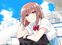 1girl :d black_bag blue_skirt blue_sky blush brown_eyes brown_hair cloud collared_shirt doushitara_osananajimi_no_kanojo_ni_naremasu_ka!? dress_shirt grin hair_down half-closed_eyes highres leaning_forward looking_at_viewer open_mouth outdoors pleated_skirt shirt short_sleeves sidelocks sitting skirt sky smartwatch smile solo stairs tatsumi_hinori upper_body watch white_shirt wristwatch yasaka_syu