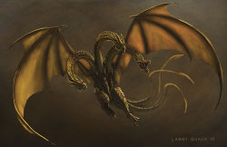 Rule 34 | brown background, clenched teeth, closed mouth, conjoined, dragon, dragon horns, dragon tail, dragon wings, flying, full body, godzilla (series), horns, kaijuu, king ghidorah, larry quach, monster, multiple heads, multiple tails, no humans, open mouth, red eyes, scales, sharp teeth, tail, teeth, wings, wyvern
