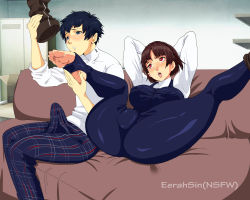 Rule 34 | 1boy, 1girl, barefoot, blush, boots, breasts, brown hair, bulge, couch, covered erect nipples, erection, erection under clothes, feet, medium hair, mishima yuuki, niijima makoto, parted lips, persona, persona 5, red eyes, shoes, unworn shoes, soles, stirrup legwear, toeless legwear, toes