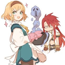 Rule 34 | 1boy, 1girl, blonde hair, dress, gloves, green eyes, hairband, kanyoko (yuzukano 17), looking at viewer, luke fon fabre, natalia luzu kimlasca lanvaldear, open mouth, pantyhose, pot, red hair, short hair, simple background, smile, tales of (series), tales of the abyss, white background