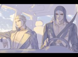Rule 34 | 2boys, black sclera, blonde hair, car interior, colored sclera, formal, hat, hat bobbles, jewelry, jojo no kimyou na bouken, letterboxed, male focus, multiple boys, necklace, prosciutto, red eyes, risotto nero, steering wheel, suit, vento aureo, white hair, yepnean