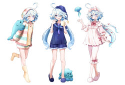 Rule 34 | 1girl, :d, ;), ahoge, blue eyes, blue footwear, blue hair, blue headwear, blue sailor collar, blue shirt, blue shorts, blush, bow, brown shirt, closed mouth, commentary request, dress, furina (genshin impact), genshin impact, hair between eyes, hairband, hat, highres, hood, hood up, hooded jacket, jacket, long hair, long sleeves, low twintails, motoi ayumu, multicolored hair, multiple views, nightcap, no shoes, one eye closed, open clothes, open jacket, open mouth, pants, pink hairband, polka dot, polka dot bow, puffy long sleeves, puffy sleeves, ribbon-trimmed sleeves, ribbon trim, sailor collar, shirt, short sleeves, shorts, simple background, slippers, smile, socks, standing, standing on one leg, star (symbol), streaked hair, striped, striped jacket, striped shorts, twintails, very long hair, white background, white bow, white dress, white footwear, white hair, white pants, yellow socks