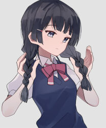 Rule 34 | 1girl, black hair, black sweater vest, bow, bowtie, braid, collared shirt, hair ornament, hairpin, holding, holding hair, long hair, looking down, low twin braids, nijisanji, pink bow, pink bowtie, shirt, short sleeves, sidelocks, simple background, solo, sou (tuhut), sweater vest, tsukino mito, twin braids, upper body, v-neck, very long hair, virtual youtuber, white background, white shirt