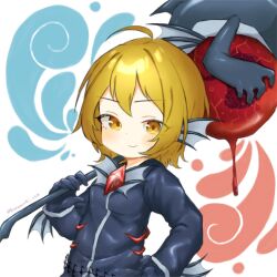 Rule 34 | 1girl, blonde hair, blood, blue jacket, blush, brooch, closed mouth, don quixote (project moon), e.g.o (project moon), fins, gem, hammer, hand up, head fins, headless ichthys, highres, holding, holding hammer, jacket, jewelry, korumochi, limbus company, long sleeves, looking at viewer, project moon, red gemstone, short hair, simple background, smile, solo, upper body, white background, yellow eyes