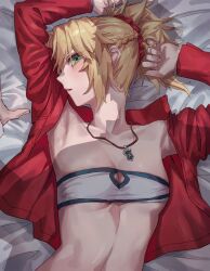 Rule 34 | 1boy, 1girl, arms up, bandeau, blonde hair, breasts, cleavage, fate/apocrypha, fate/grand order, fate (series), fujimaru ritsuka (male), green eyes, hair ornament, hair scrunchie, highres, jacket, jewelry, lying, mordred (fate), mordred (fate/apocrypha), on back, parted lips, pendant, ponytail, pov, red jacket, scrunchie, shadow, small breasts, solo focus, tesin (7aehyun)