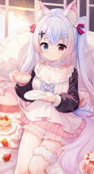 Rule 34 | 1girl, absurdres, animal ears, black sleeves, blue bow, blue bowtie, blue eyes, blue hair, bow, bowtie, breasts, cake, closed mouth, cup, dress, food, fox ears, fox girl, fox tail, fruit, hair over shoulder, hairband, headband, heart-shaped cake, heterochromia, highres, holding, holding cup, holding saucer, kinoshita ringo (ryve5758), lolita hairband, long hair, long sleeves, looking to the side, makeup, neck snap, original, pillow, red eyes, rouge (makeup), saucer, sitting, smile, strawberry, strawberry shortcake, sunlight, tail, twintails, very long hair, white dress, window