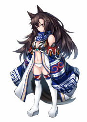 Rule 34 | 1girl, ainu clothes, animal ears, black hair, blue scarf, boots, coat, decchi oyabun, detached sleeves, expressionless, full body, long hair, navel, original, panties, red eyes, scarf, simple background, solo, standing, tail, thigh boots, thighhighs, underwear, white background, white panties, white thighhighs, wolf ears, wolf tail