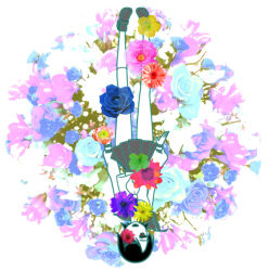 Rule 34 | 1girl, :d, aqua flower, aqua rose, arms at sides, black hair, black sailor collar, black skirt, blue flower, blue rose, brown footwear, colorful, commentary request, covering one eye, floral background, flower, flower over eye, full body, fuura kafuka, green flower, inutarouta, legs together, light smile, loafers, looking at viewer, no nose, open mouth, pale color, pink flower, pleated skirt, purple flower, red flower, rose, sailor collar, sayonara zetsubou sensei, see-through, shoes, short hair, simple background, skirt, sleeves past wrists, smile, socks, solo, surreal, upside-down, very short hair, white background, white flower, white socks, yellow eyes, yellow flower
