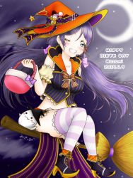 Rule 34 | 1girl, 2019, architecture, artist name, artist request, basket, blush, bow, breasts, broom, broom riding, broom stick, elbow gloves, female focus, full body, ghost, gloves, green eyes, hair ornament, halloween, halloween costume, hat, high heels, holding, holding basket, long hair, love live!, love live! school idol festival, love live! school idol project, microphone, mini hat, mini witch hat, moon, one eye closed, orange hat, pink bow, purple hair, purple sky, sky, solo, star (sky), star (symbol), star hair ornament, starry sky, striped clothes, striped thighhighs, thighhighs, tojo nozomi, twintails, witch hat
