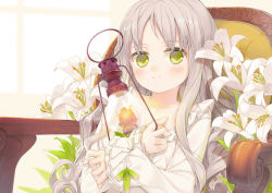 Rule 34 | 1girl, amamiya chiharu, blouse, blush, chair, closed mouth, collarbone, egg, flower, frilled sleeves, frills, green eyes, grey hair, hands up, holding, holding lantern, indoors, lantern, lily (flower), long hair, long sleeves, looking at viewer, original, shirt, sitting, smile, solo, white flower, white shirt