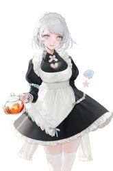 Rule 34 | 1girl, absurdres, albino, apron, blue nails, cleavage cutout, clothing cutout, dress, earrings, fish hair ornament, frilled apron, frilled dress, frills, hair ornament, highres, jewelry, looking at viewer, maid, maid apron, maid headdress, nacchan (ohisashiburi), nail polish, ohisashiburi, original, pink eyes, seashell, shell, short hair, simple background, smile, solo, teapot, thighhighs, white background, white hair, white thighhighs