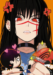 Rule 34 | 1girl, absurdres, anger vein, angry, black choker, black hair, chainsaw, chainsaw man, character doll, choker, clenched hand, clenched teeth, cross scar, denji (chainsaw man), earrings, facial scar, heart, highres, jewelry, long hair, looking at object, mitaka asa, orange background, red eyes, ringed eyes, sailen0, scar, scar on cheek, scar on face, simple background, solo, stud earrings, teeth, yoru (chainsaw man)