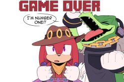 Rule 34 | 2boys, arcade stick, black shirt, brown headwear, brown vest, chain, closed eyes, comic, controller, cowboy hat, english text, furry, furry male, game controller, game over, gloves, hat, headphones, highres, joystick, knuckles the echidna, male focus, multiple boys, neckerchief, playing games, purple eyes, sharp teeth, shirt, sonic (series), speech bubble, teeth, the murder of sonic the hedgehog, tongue, toonsite, vector the crocodile, vest, white gloves