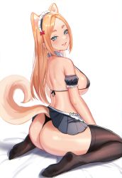 Rule 34 | 1girl, absurdres, animal ears, apron, aqua eyes, ass, back, barbell piercing, bare shoulders, bikini, bikini top only, black bikini, black panties, black skirt, black thighhighs, blonde hair, clothes lift, detached sleeves, dog ears, dog girl, dog tail, ear piercing, extra ears, feet, fran (gudanco (nyanmeowzer)), from behind, gudanco (nyanmeowzer), halterneck, highres, lifted by self, lifted by tail, lips, long hair, looking at viewer, looking back, maid apron, maid headdress, miniskirt, multiple piercings, no shoes, original, panties, parted lips, piercing, pleated skirt, puffy short sleeves, puffy sleeves, short sleeves, sitting, skirt, skirt lift, smile, soles, solo, swimsuit, tail, thick eyebrows, thick thighs, thighhighs, thighs, thong, underwear, wariza, white apron, white background