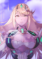 Rule 34 | 1girl, absurdres, blonde hair, breasts, chest jewel, cleavage, cleavage cutout, clothing cutout, dress, earrings, headpiece, highres, jewelry, large breasts, long hair, mythra (xenoblade), short dress, solo, swept bangs, tiara, ug333333, very long hair, white dress, xenoblade chronicles (series), xenoblade chronicles 2, yellow eyes