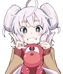 Rule 34 | 1girl, ahoge, aqua eyes, character request, clenched teeth, copyright request, double bun, eyebrows, index finger raised, indie virtual youtuber, ixy, long sleeves, looking at viewer, short hair, simple background, solo, stuffed animal, stuffed octopus, stuffed toy, teeth, upper body, virtual youtuber, white background
