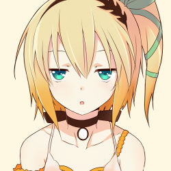 Rule 34 | 10s, 1girl, aqua eyes, black neckwear, blonde hair, choker, collarbone, deta-mxproject, edna (tales), expressionless, face, hair ribbon, hairband, jitome, lowres, ribbon, short hair, side ponytail, solo, tales of (series), tales of zestiria, tress ribbon, white background, yellow background