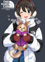 Rule 34 | :3, :p, ;d, animal, black background, blue eyes, blush, brown hair, chikuwa (yurucamp), clothes writing, coat, commentary request, copyright name, dog, earmuffs, english text, holding, holding animal, holding dog, long sleeves, looking at viewer, mirai denki, mittens, one eye closed, open clothes, open coat, open mouth, red mittens, round teeth, saitou ena, short hair, simple background, smile, teeth, the north face, tongue, tongue out, upper body, upper teeth only, white coat, yurucamp, zipper