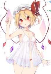 Rule 34 | 1girl, alternate costume, babydoll, bare arms, blonde hair, blush, bow, breasts, cowboy shot, flandre scarlet, hair between eyes, hat, hat bow, highres, looking at viewer, mamemochi, mob cap, nipples, panties, red bow, red eyes, red panties, see-through, short hair, side-tie panties, small breasts, solo, thigh gap, touhou, underwear, white hat