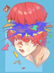 Rule 34 | 1boy, bandaid, bandaid on face, bandaid on nose, blue background, colored sclera, commentary, cropped head, english commentary, flag, fukase, male focus, misu (stepforme), portrait, red eyes, red hair, red sclera, scar, scar on face, solo, split head, vocaloid, wide-eyed, x