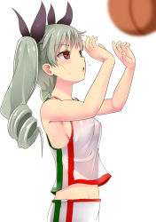 Rule 34 | 10s, 1girl, anchovy (girls und panzer), ball, basketball, basketball (object), blush, breasts, covered erect nipples, drill hair, girls und panzer, green hair, groin, hair ornament, hair ribbon, kuku123, no bra, open mouth, red eyes, ribbon, sideboob, simple background, solo, sportswear, sweat, twintails, white background