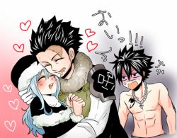Rule 34 | 1girl, 2boys, blush, fairy tail, father and son, gradient background, gray fullbuster, happy, hug, jealous, juvia lockser, multiple boys, resolution mismatch, silver fullbuster, smile, source smaller