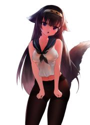 Rule 34 | 1girl, :o, absurdres, bad id, bad pixiv id, bare arms, bare shoulders, black neckerchief, black sailor collar, bow, bow panties, breasts, breasts squeezed together, brown hair, brown pantyhose, collarbone, commentary request, dokomon, fang, fingernails, girls&#039; frontline, hair between eyes, hair flaps, hairband, head tilt, highres, kemonomimi mode, korean commentary, long hair, medium breasts, navel, neckerchief, no pants, open mouth, panties, pantyhose, purple eyes, sailor collar, school uniform, serafuku, shirt, simple background, sleeveless, sleeveless shirt, solo, super sass (girls&#039; frontline), tail, tail raised, thighband pantyhose, underwear, very long hair, white background, white panties, white shirt