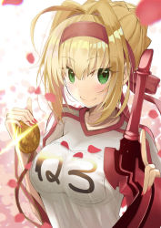 Rule 34 | 1girl, aestus estus, ahoge, blonde hair, blush, braid, breasts, closed mouth, commentary request, fate/extra, fate/grand order, fate (series), fingernails, french braid, green eyes, gym shirt, hair between eyes, hair bun, hair intakes, hair ornament, headband, highres, holding, holding sword, holding weapon, large breasts, looking at viewer, medal, nail polish, neko daruma, nero claudius (fate), nero claudius (fate) (all), nero claudius (fate/extra), nero claudius (olympian bloomers) (fate), official alternate costume, petals, red nails, shirt, short hair, sidelocks, single hair bun, smile, solo, sword, weapon, white shirt