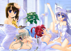 Rule 34 | 10s, 4girls, absurdres, agito (nanoha), ahoge, arm support, arm up, ass, asteion, barefoot, between breasts, blue eyes, blue hair, bow, bow panties, breasts, brown hair, cleavage, cup, dress shirt, einhard stratos, feet, flat chest, fujima takuya, hair ornament, hair ribbon, hairclip, hand to own mouth, highres, huge filesize, leg up, long hair, looking at viewer, looking back, lying, lyrical nanoha, mahou shoujo lyrical nanoha, mahou shoujo lyrical nanoha vivid, multiple girls, no bra, off shoulder, one eye closed, open clothes, open mouth, open shirt, panties, purple eyes, red hair, reinforce zwei, ribbon, see-through, see-through silhouette, shirt, side-tie panties, sidelocks, silver hair, sitting, smile, striped clothes, striped panties, tears, thighhighs, toes, toothbrush, twintails, underwear, white legwear, white panties, window blinds, x hair ornament, yagami hayate, yawning, yokozuwari
