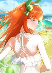 Rule 34 | 1girl, absurdres, animal ears, ball, bare shoulders, beachball, cloud, day, ear covers, floating hair, green eyes, hairband, half-closed eyes, highres, horse ears, inflatable toy, long hair, looking at viewer, looking back, moffumoto, ocean, one-piece swimsuit, orange hair, outdoors, parted lips, shoulder blades, silence suzuka (umamusume), solo, swimsuit, umamusume, upper body, water, white one-piece swimsuit