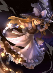 Rule 34 | 1girl, blonde hair, braid, broom, female focus, hat, kirisame marisa, long hair, night, outstretched arm, pointing, solo, star (symbol), touhou, witch, witch hat, won (toufunokado), yellow eyes