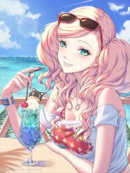 Rule 34 | 1girl, arm rest, blonde hair, blue sky, breasts, cherry, cleavage, cloud, cup, day, drinking glass, drinking straw, earrings, eyewear on head, food, fruit, glint, gold earrings, green eyes, grin, hair ornament, hairclip, highres, ice, ice cube, jewelry, long hair, looking at viewer, medium breasts, morgana (persona 5), nail polish, necklace, ocean, outdoors, persona, persona 5, persona 5 scramble: the phantom strikers, ring, ring necklace, sky, smile, solo, sunglasses, table, takamaki anne, twintails, yoruno mahiru
