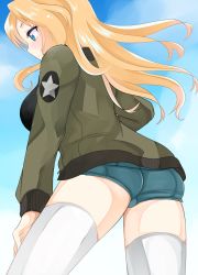 Rule 34 | 10s, 1girl, ass, blonde hair, blue eyes, blush, breasts, cloud, day, girls und panzer, hand on own thigh, highres, ichiko (ichi), jacket, kay (girls und panzer), long hair, medium breasts, open mouth, short shorts, shorts, sky, smile, solo, thighhighs, white thighhighs