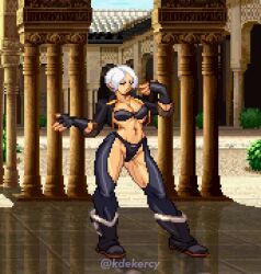 Rule 34 | 1girl, absurdres, angel (kof), bra, breasts, chaps, cleavage, closed eyes, clothing cutout, crotch cutout, fingerless gloves, gloves, grey hair, highres, jacket, legs, medium breasts, midriff, navel, open clothes, open jacket, pixel art, revealing clothes, short hair, strapless, strapless bra, the king of fighters, thick thighs, thighs, toned, underwear
