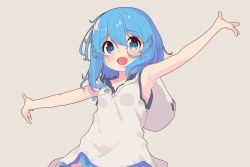 Rule 34 | 1girl, aoi tori, armpits, arms up, blue eyes, blue hair, dress, grey background, highres, hood, open mouth, original, outstretched arms, short dress, short hair, simple background, sleeveless, sleeveless dress, smile, solo, teru-chan (aoi tori), upper body, white dress