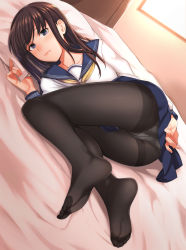 Rule 34 | 1girl, ass, bedroom, black pantyhose, blouse, blue eyes, blue skirt, blush, brown hair, closed mouth, crotch seam, dutch angle, feet, highres, indoors, kyuuso inukami, legs, lips, long hair, long sleeves, looking at viewer, lying, neckerchief, on bed, on side, original, panties, panties under pantyhose, pantyhose, pleated skirt, school uniform, serafuku, shirt, sidelocks, skirt, soles, solo, thighband pantyhose, toes, underwear, upskirt, white shirt
