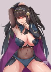 Rule 34 | 1girl, alternate costume, armpits, black eyes, black hair, blue panties, bodystocking, breasts, bridal gauntlets, cape, cleavage, cosplay, covered navel, dark mage (fire emblem fates), fire emblem, fire emblem fates, hairband, highres, hime cut, large breasts, long hair, looking at viewer, nintendo, nyx (fire emblem) (cosplay), official alternate costume, panties, rhajat (fire emblem), solo, spread legs, sweat, turtleneck, twintails, underwear, zet (twt zet)