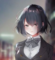 Rule 34 | 1girl, arms at sides, black bow, black bowtie, black hair, black jacket, blurry, blurry background, bow, bowtie, closed mouth, commentary request, hair between eyes, jacket, looking at viewer, lowres, mellow rag, portrait, shirt, short hair, solo, white shirt