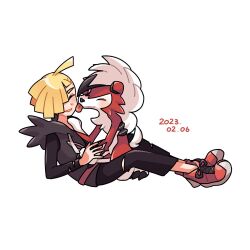 Rule 34 | 1boy, affectionate, ahoge, black pants, black shirt, blonde hair, blush, closed eyes, commentary request, creatures (company), daifuku (pokefuka art), dated, game freak, gen 7 pokemon, gladion (pokemon), grey vest, hair over one eye, hood, hooded vest, hoodie, lycanroc, lycanroc (midnight), male focus, nintendo, pants, parted lips, pokemon, pokemon (creature), pokemon sm, red footwear, shirt, shoes, short hair, simple background, smile, tassel, torn clothes, torn pants, torn shirt, vest, white background